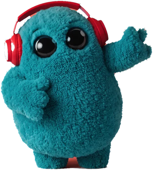 Whimsy, a fuzzy teal monster in red headphones, waving